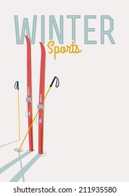 Wintersportthemenvorlage mit roten TourensSki und Stöcken im Schnee| Retro-Look minimalistischer Ski-Promotion-Plakatvorlage