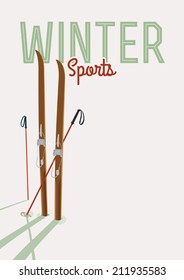 Vector winter sports themed template featuring wooden touring skis and poles standing in the snow | Retro looking minimalistic skiing promotion poster template