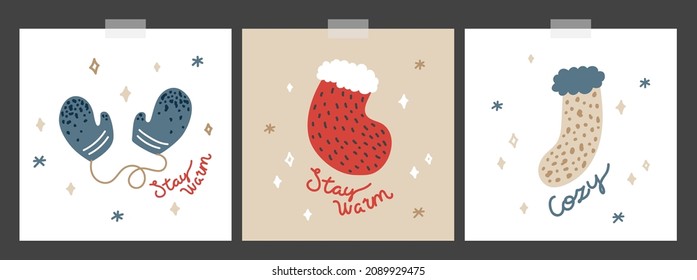 Vector winter square cards with cartoon illustrations - socks, mittens, mono line inscriptions.
