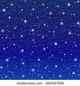 Vector winter square Christmas background of glowing snowflakes, grunge contour clouds on the dark blue sky. Night sky, silver snowflakes for design of web banner, social media, poster, card. EPS 10