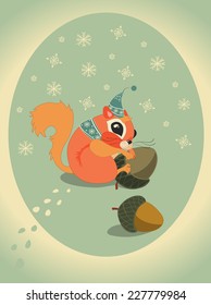 Vector winter squirrel with hat and acorn. Christmas card.