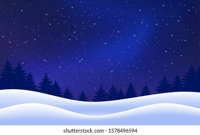 Vector winter starry background. Night with fir trees snow dark blue sky. Vector illustration. Merry Christmas card. Holiday scene design, decor for banner, web, poster. Vector illustration