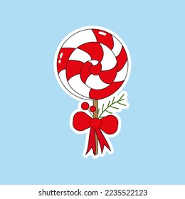 Vektorwinteraufkleber mit Bonbon. Frohe Weihnachten und glückliches Neujahr. Illustration im flachen Stil.