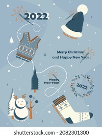 Vector winter stickers. Illustration with sparklers and secret santa. New Year's holiday motives. 
