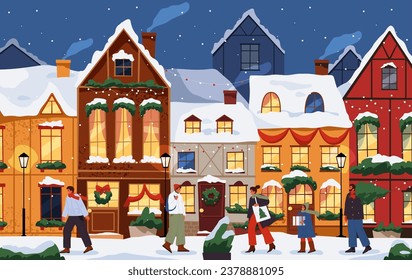 Calle vectorial de invierno durante el año nuevo o navidad. Ilustración de la ciudad de vacaciones en invierno con guirnaldas y gente. El paisaje navideño y el paisaje urbano. El paisaje urbano de la vista exterior de la ciudad. Festividad