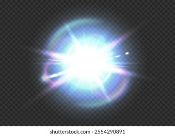 Vector winter sun lens flare. Glow translucent cold color special lens flare light effect on transparent background. Isolated blur flash rays and spotlight. Abstract blue front star burst with spark