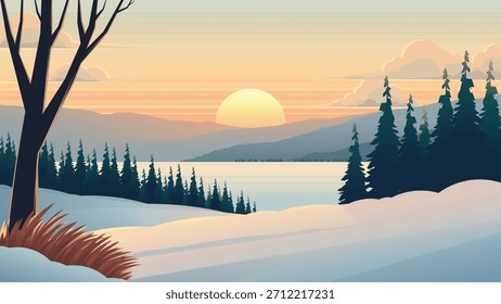 Vector winter sunrise scene with snowy hills, bare trees, and a pine forest by a calm lake. Atmospheric seasonal background for web design, branding, and print.
