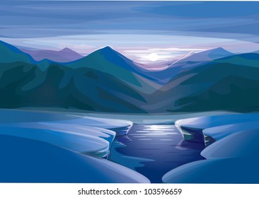 Vector of winter sunset  landscape, with reflection  in lake