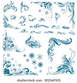 Vector Winter Swirl Ornaments Set | Large bundle of elegant Christmas vignettes, corners and snowflakes 