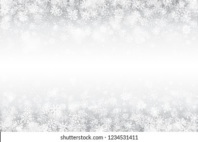 Vector Winter Swirling Snow Effect with Bright White Snowflakes and Lights on Silver Background. Merry Christmas and Happy New Year Holidays Illustration. Frozen Ice on Window Backdrop