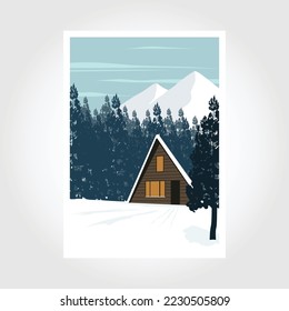 Plantilla temática vectorial de invierno con cabaña en bosque de montaña nevado. diseño de carteles vintage de invierno.