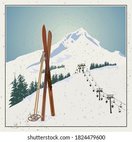 Vector winter themed template with wooden old fashioned skis and poles in the snow with snowy mountains and clear sky on background. Retro looking minimalistic skiing promotion poster template