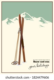 Plantilla temática vectorial de invierno con esquís de madera de estilo antiguo y postes en la nieve con montañas nevadas y cielo claro en el fondo. Plantilla de póster de promoción de esquí minimalista de aspecto retro