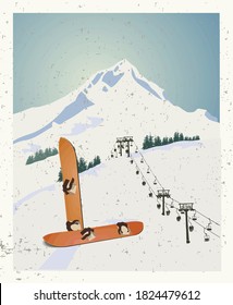 Vector Winter Themed Template With Wooden Old Fashioned Snowboards In The Snow With Snowy Mountains And Clear Sky On Background. Retro Looking Minimalistic Skiing Promotion Poster Template