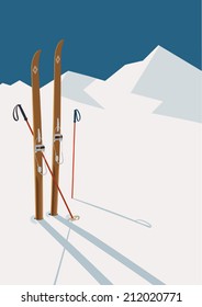 Vector winter themed template with wooden old fashioned skis and poles in the snow with snowy mountains and clear sky on background | Retro looking minimalistic skiing promotion poster template