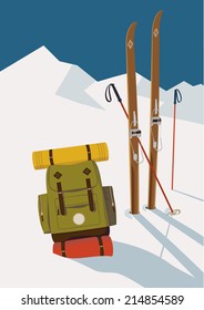 Vector winter themed template with wooden old fashioned skis, poles and green backpack in the snow with mountains and clear sky background | Retro looking minimalistic skiing promotion poster template