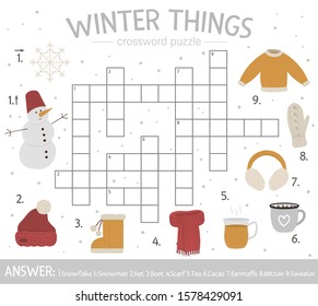 Vector winter things crossword puzzle. Bright and colorful winter quiz for children. Educational activity with cold season elements