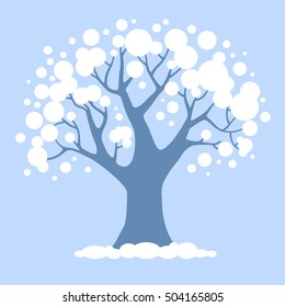 Vector winter tree on a blue background. Cartoon christmas forest. Dark blue tree covered with white snow. 