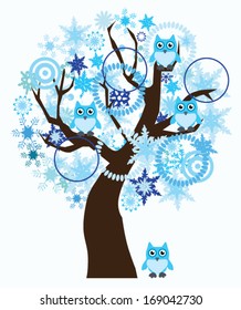 vector winter tree with snowflakes and owls