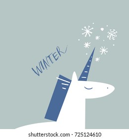 Vector winter unicorn. Poster, postcard, print, illustration, sticker, label and other.