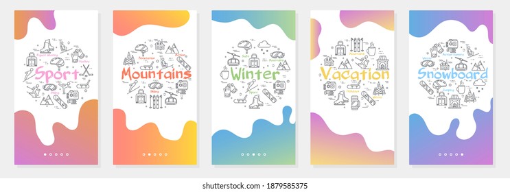 Vector winter vacation in mountains on snowboard.