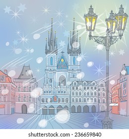 Vector winter view of Christmas Old Town square in Prague, Czech Republic 