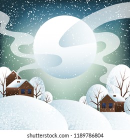 Vector winter village night landscape with houses in the snowy forest.