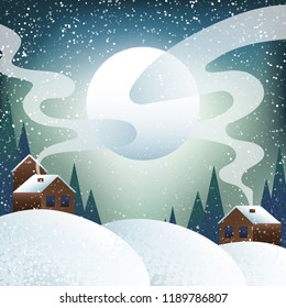 Vector winter village night landscape with houses in the snowy forest.