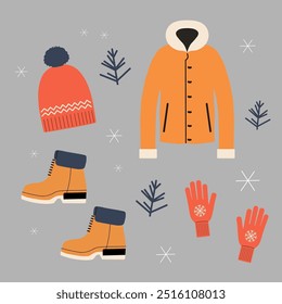 Vetor inverno quente acessórios. Desenhado à mão ilustração plana com roupas de inverno, casaco de inverno, casaco de pele de carneiro, botas, galhos de abeto, chapéus, luvas, flocos de neve. Elementos de design de inverno, moda