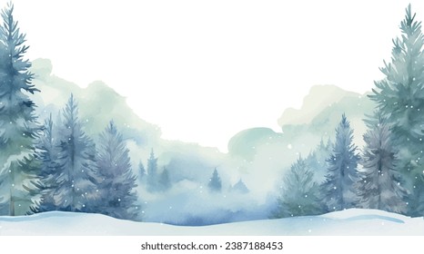 Vector winter watercolor background, forest, trees, snow