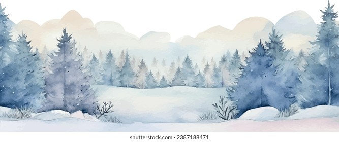 Fondo de las acuarelas del invierno vectorial, bosque, árboles, nieve