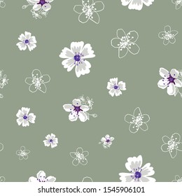 Vector winter white flowers scatter repeat seamless pattern on a green background