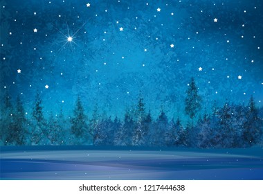 Vector winter wonderland background. Starry night sky and forest background.