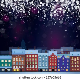 Vector of winter wonderland cityscape, nightscene. 
