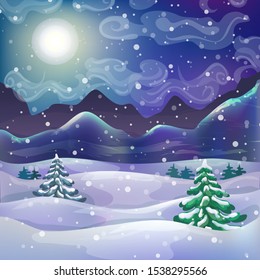 vector winter wonderland night background with snowfall snowy forest and mountains. mountain landscape. christmas magic starry night scene. dark blue xmas card template.winter holiday panoramic banner