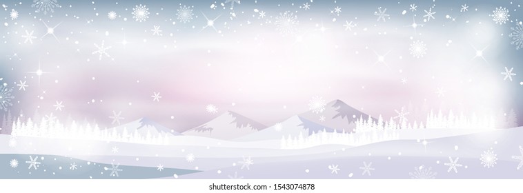 Vector winter wonderland night, Panorama winter landscape with falling snow, snowflakes, forest pine tree, Christmas scene for Holiday and Happy new year background in pastel tone