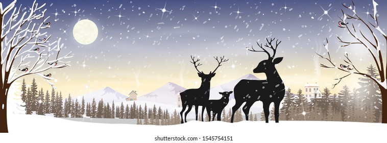 Vector winter wonderland night, Panorama winter landscape with falling snow, reindeers family walking in forest pine tree, Christmas scene for Holiday and Happy new year background in pastel tone