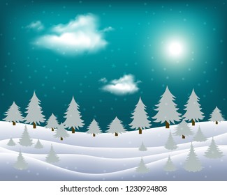 Vector wintry landscape with night sky and light moon
