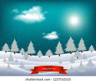 Vector wintry landscape with night sky and light moon