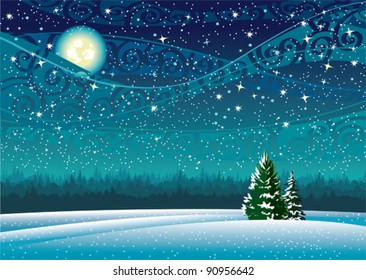 Vector wintry landscape with night sky and light moon