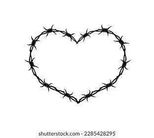 Vector Wire Barb heart frame. Dead Metal and Gothic Punk Y2k Tee print stamp design template. Gothic Punk Heart barbed wire silhouettes for label design isolated on white background