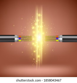 Vector Wire is Burning. Electric Glowing Lightning. Flash Power Cable. Electrical Discharge Passing Through Air.Faulty Damaged Connection.