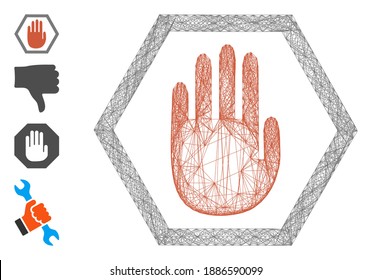 El marco de alambre de vectores se anula mano. Red 2D de marco con trama geométrica generada con icono de mano de aborto, diseñada con líneas cruzadas. Se añaden algunos iconos adicionales.