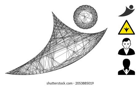 Hombre volador abstracto del marco de alambre de vectores. Red plana de marco geométrico de alambre de alambre hecha de un icono de vuelo abstracto, diseñada a partir de líneas interseccionadas. Se agregan otros iconos.