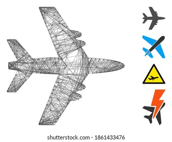 Avión de armazón de vectores. Red plana de marco lineal geométrica generada con icono de avión, diseñada con líneas cruzadas. Se añaden algunos iconos adicionales.