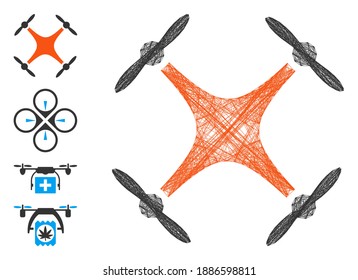 Aeródromo del bastidor del vector. Red plana de marco con tramas geométricas hecha de un icono de airdrone, diseñada a partir de líneas cruzadas. Se añaden algunos iconos adicionales.