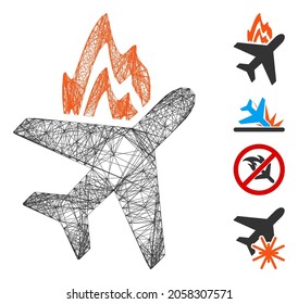 Vector Wire Frame Airplane Fire. Geometric Wire Frame Flat Net Generated With Airplane Fire Icon, Designed With Crossing Lines. Some Bonus Icons Are Added.