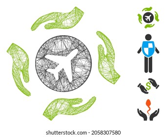 Vector wire frame airplane insurance hands. Geometric wire carcass 2D net made from airplane insurance hands icon, designed from crossing lines. Some bonus icons are added.