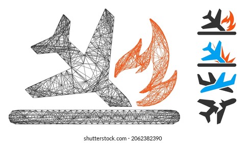 Vector wire frame airplane landing crash. Geometric wire frame 2D net based on airplane landing crash icon, designed from intersected lines. Some bonus icons are added.