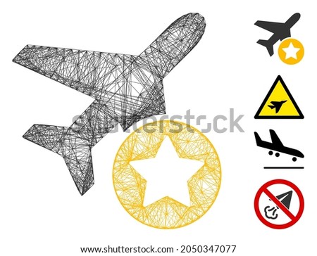 Vector wire frame airplane rating. Geometric wire carcass 2D net made from airplane rating icon, designed from crossed lines. Some other icons are added.